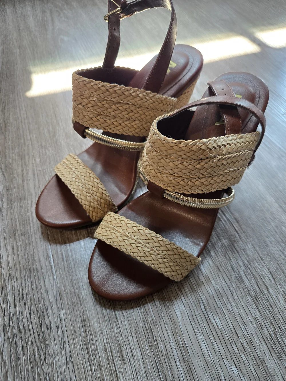 MIA Tan Braided Wedge Sandals with Brown Leather Straps